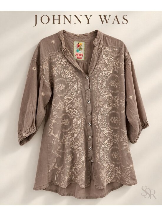 Johnny Was Tops - Johnny Was XS Taupe Embroidered Rayon Button Front Boho Tunic Blouse Rayon